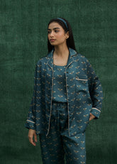 LaRosa Summer Slumber Green solid cotton nightwear set with button-down shirt and straight trousers.